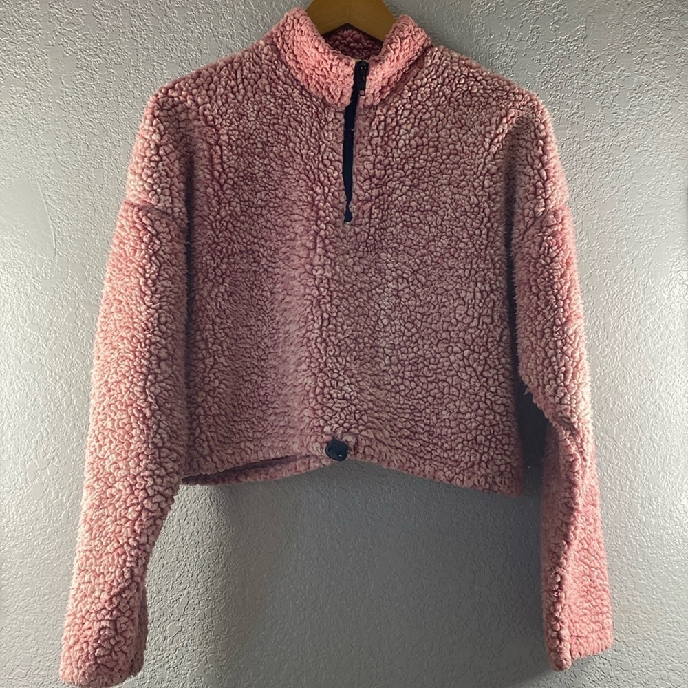 Urban Outfitters Pink Quarter Zip Collared Fuzzy Jacket